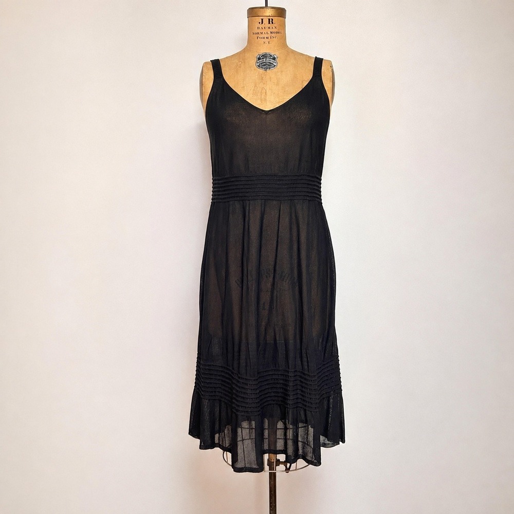 Eileen Fisher Black Sheer Knit Midi Dress L Pleated Wool Blend Lagenlook